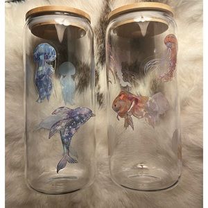 Sea Blue and Orange Bamboo Glass Bottle Cups Set - 20oz